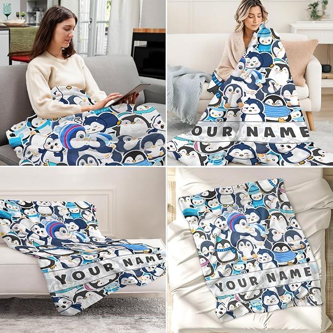 Personalized Penguin Blanket for Girls - 40" x 50" Inches Cute Penguin Blankets for Kids - Blue Warm Lightweight Throws for Sofa, Crib & Bed