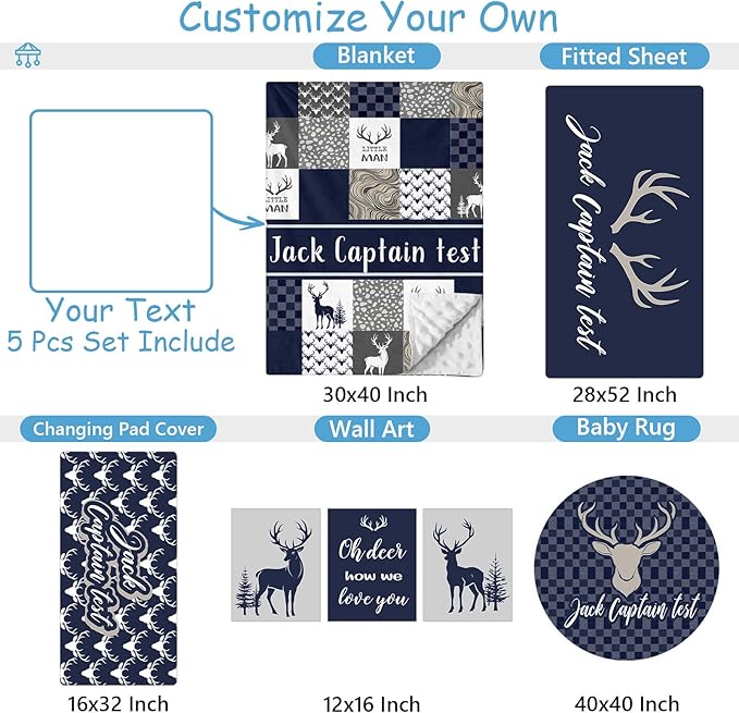 Custom Name Cirb Bedding Set - 5 Pcs Woodland Deer Baby Crib Set, Double Layer Blue Nursery Bedding Set for Baby Boys, Soft Flannel Baby Blanket, Toddler Infant New Parents Customized Gift
