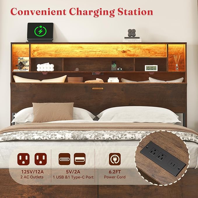 King Bed Frame with Headboard, LED Bed Frmaes with Bookcase Storage and Charging Station, Metal Platform Bed with 2 Storage Drawers, No Box Spring Needed, Brown