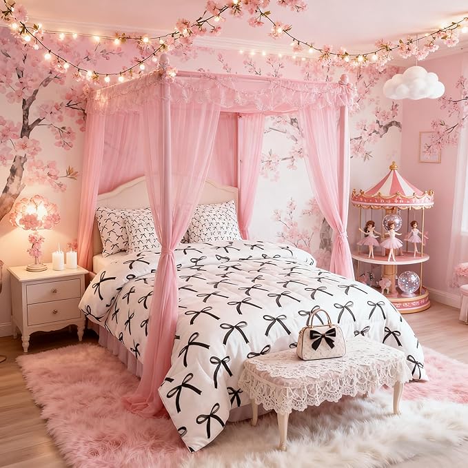Manfei 7 Pieces Cartoon Bowknot Kids Comforter Full Size,Bow Tie Geometric Patchwork Modern Girls Bedding Set,Bow Butterfly Knot Black White（Comforter+Fitted+Flat+2 Pillowcases+2 Throw Pillow Covers）