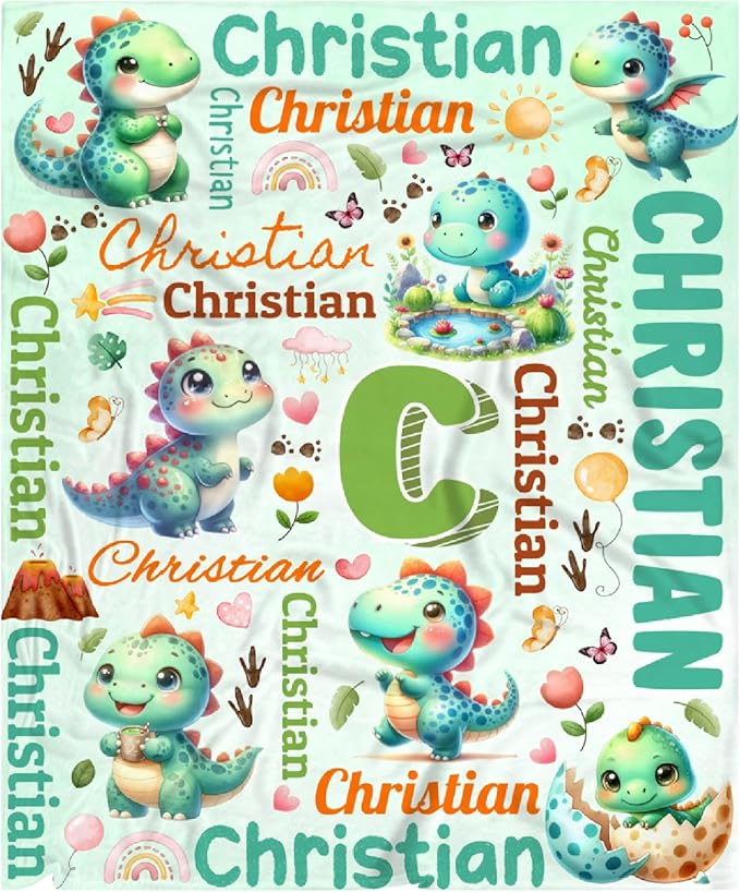 Personalized Custom Green Dinosaur Preschool Blanket Gifts for Baby Toddler Kids Boys Girls - Customized Green Dinosaur Super Soft Flannel Sheets Decor for Crib Nap Couch - 30"x40" for Baby/Pets