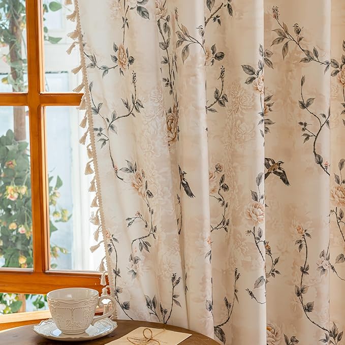 ENJOYBRIDAL Floral Curtains 96 Inches Long 2 Panels Farmhouse Rod Pocket Drapes for Bedroom Boho Cute Rustic Window Curtain Panels Living Room Semi Sheer Cottage Vintage Window Treatments