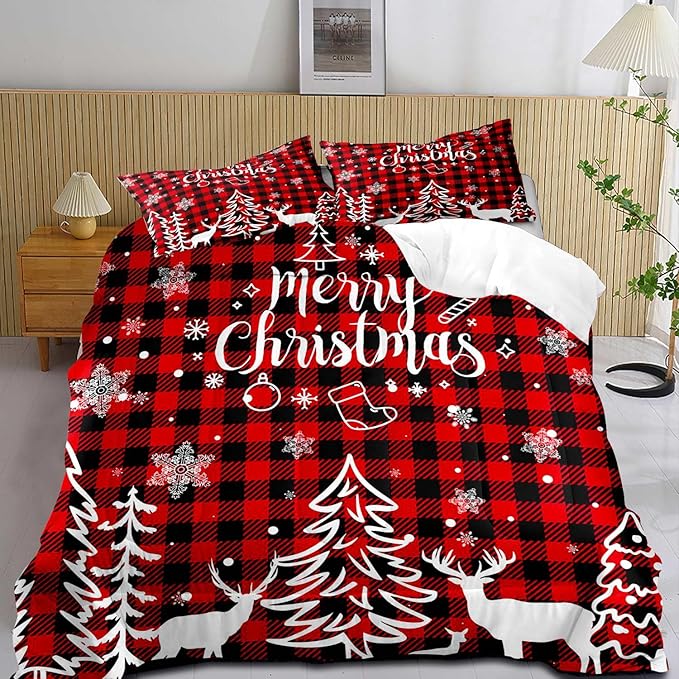 LUVIVIHOME 3PCS Christmas Comforter Set Full Size, Plaid Bedding, Red and Black Buffalo Check Snowflake Forest Deer Merry Christmas Bedroom Decor, Soft Microfiber Quilt, Xmas Gifts, 2 Pillow Cases