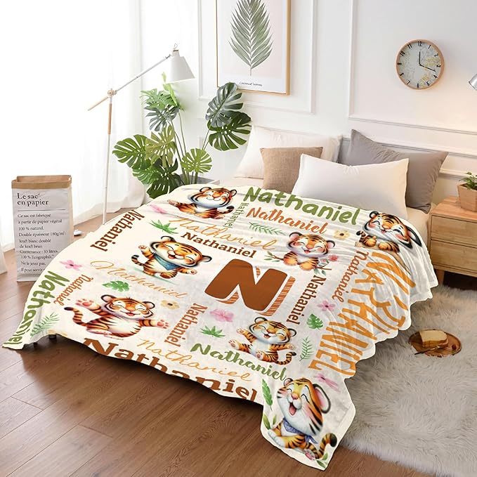 Personalized Custom Tiger Blanket Gifts for Kids Boys Girls with Name - Customized Tiger Super Soft Lightweight Flannel Sheets Decor for Crib Nap Couch - 50"x60" for Teens