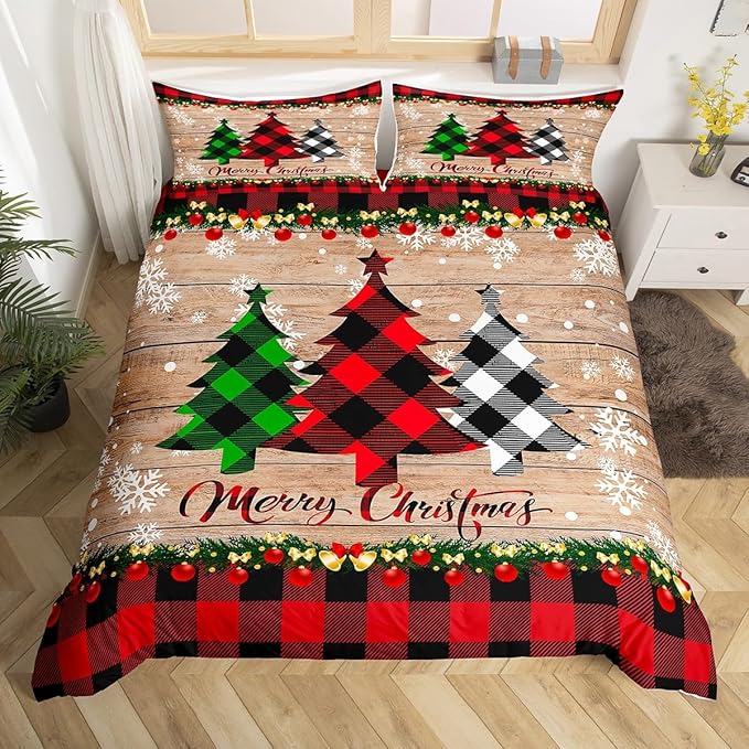 Manfei Plaid Tree Duvet Cover Set King Size, Wooden Stripe Print Bedding Set 3pcs for Kids Boys Girls Bedroom Decor, Christmas Theme New Year Comforter Cover with 2 Pillowcases,No Comforter