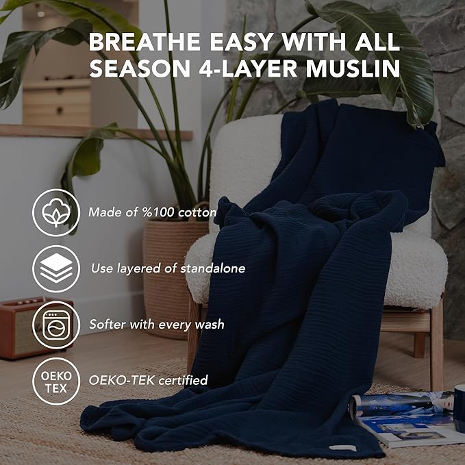 Goqan Muslin Blanket King Size 90x108 – 100% Cotton 4 Layer Boho Muslin Blanket for Adults, Lightweight, Soft, Breathable for Bed, Couch - Navy
