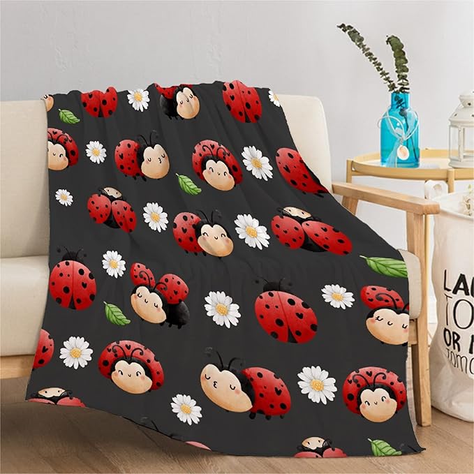 Thuswarm Cute Watercolor Ladybugs Grey Flannel Throw Blanket Warm Cozy Soft Funny Print Blankets for Bed Couch Sofa Room Decoration Gifts 120”×90” Extra Large for Family