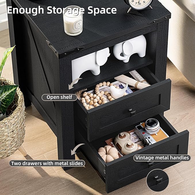 Farmhouse Living Room Sets, Night Stands Set of 2 and 6 Drawers Dresser for Bedroom, 58 Inch Wide Wood Dresser and 18.1" Night Stands with Charging Station for Bedroom, Living Room, Hallway