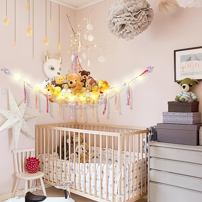 Stuffed Animal Hammock with LED Light, Large Stuffed Animals Storage Corner Plushie Net for Kids Room Decor, 2 Packs Rainbow