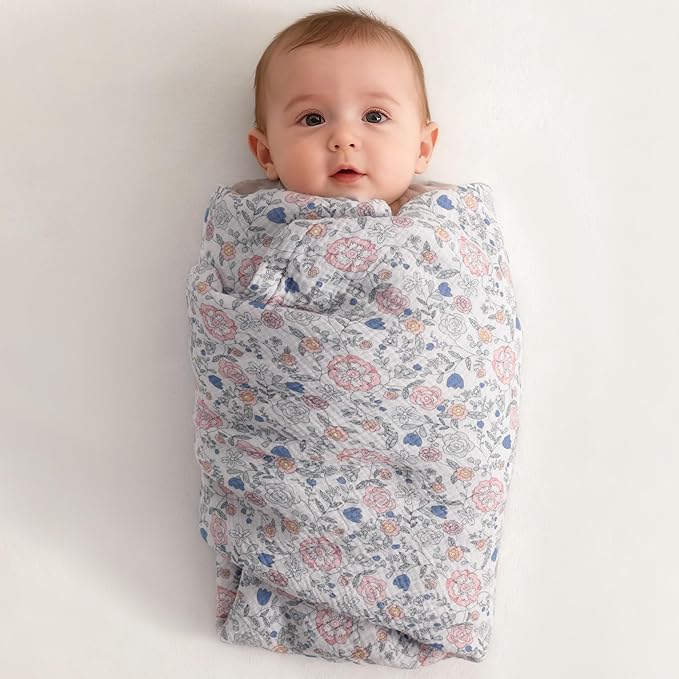 NTBAY 2 Layer Muslin Cotton Baby Swaddle Blanket, 42x60 Soft and Breathable Receiving for Newborns and Infants, Perfect for Crib, Stroller, Travel, Lightweight Nursery Blanket, Vintage Floral