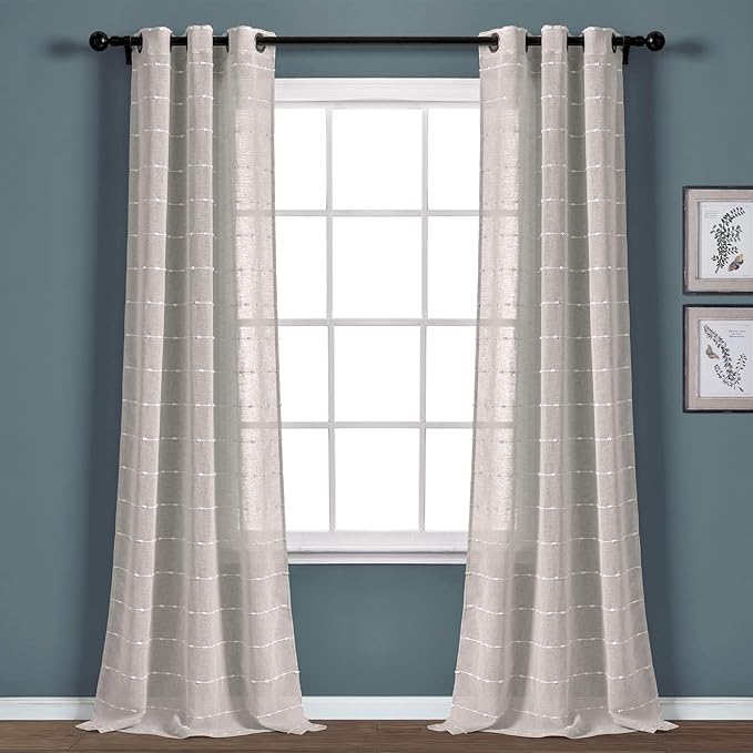 Lush Decor Farmhouse Textured Grommet Sheer Window Curtain Panel Pair, 38"W x 120"L, Gray