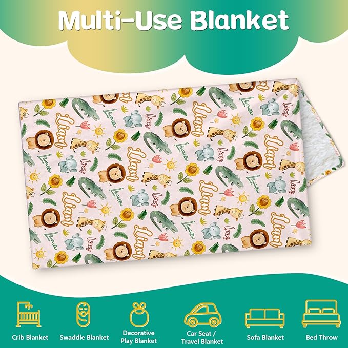 Custom Safari Animals Blanket Gift, Personalized Baby Blanket with Name, Soft Plush Flannel/Sherpa Fleece Throw Blankets for Toddler Kid Teen Boys Girls Color07