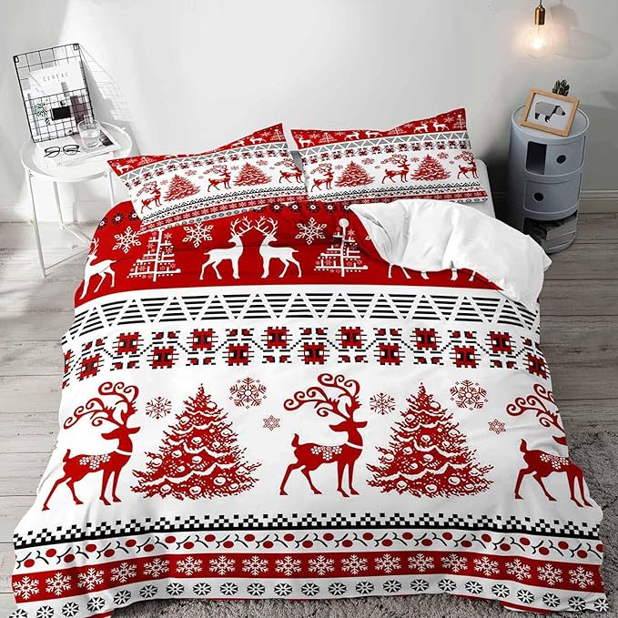 LUVIVIHOME 3PCS Christmas Duvet Cover Queen Bedding Set, Red and White Striped Duvet Cover, Reindeer Deer Christmas Tree Snowflake Winter Holiday Xmas New Year Christmas Comforter Cover 2 Pillow Shams