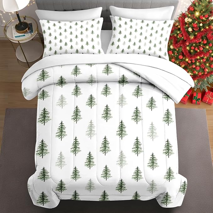 7 Pcs Full Size Christmas Comforter Set with 2 Pillowcases & 2 Shams, Nature Simple Pine Tree Bedding for Kids and Adults, Winter Merry Xmas Bed in a Bag with Flat Fitted Sheet