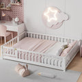 i-POOK Queen Floor Bed for Children, Sturdy Wood Montessori Bed Frame with Wood Slats, Fence & Door, Montessori Floor Bed for Girls and Boys, White
