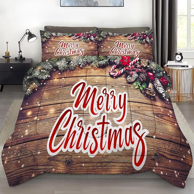 Christmas Comforter Set Twin: Christmas Bedding Sets for Kids Bedroom Wood Grain Xmas Gift Girls Women Teens Quilt Set 1 Comforter & 1 Pillowcase