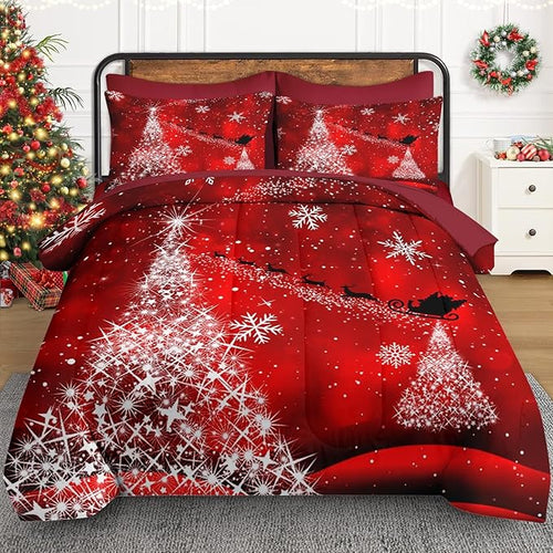 7 Pcs Full Size Christmas Comforter Set with 2 Pillowcases & 2 Shams, Glitter Pine Tree Bedding for Kids and Adults, Winter Elegant Snowflake Bed in a Bag with Flat Fitted Sheet