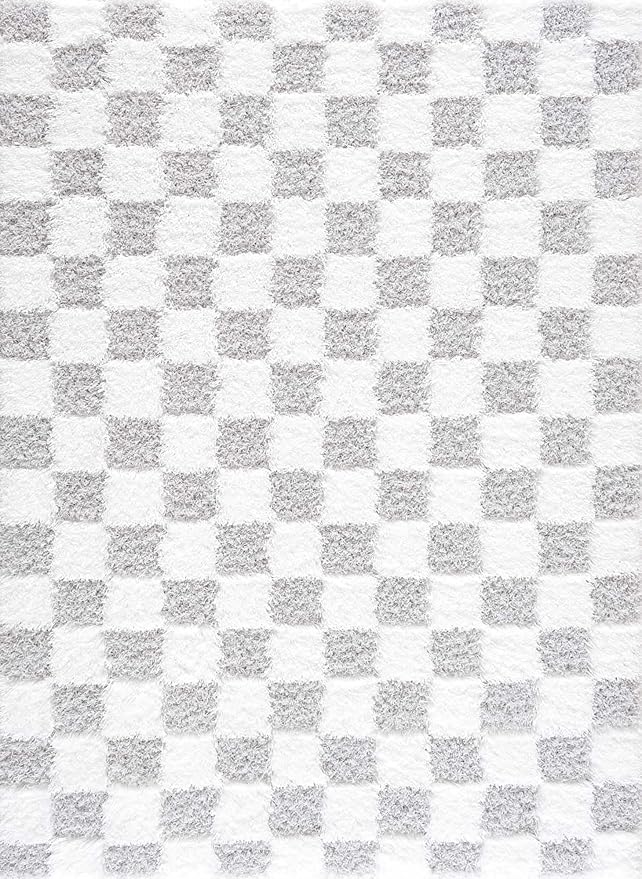 BoutiqueRugs Atira Modern Checkered Shag Area Rug - High Pile Fluffy Shaggy Carpet -Kids Room, Nursery, Living Room Shaggy Carpet - Light Gray, Cream, White - 7'10" X 10'3" (8x10)