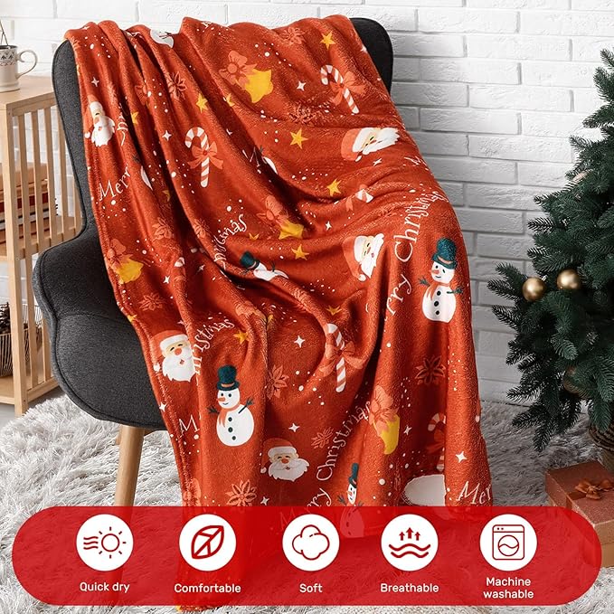 Buryeah 4 Pack Christmas Throw Blankets Bulk Snowman, Igloo, Santa Claus, Bells, Xmas Tree Soft Cozy Christmas Plush Flannel Blanket for Sofa, Bed, Couch, Home Decor Xmas Supplies, 50 x 60 Inches