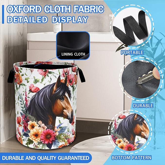 Beautiful Horse Flowers Laundry Basket Oxford Cloth Laundry Hamper With Handle Foldable Portable Clothes Storage Basket 18.9 X 16.5 Inch Storage Bag For Laundry Room/Bathroom/Bedroom/Dormitories