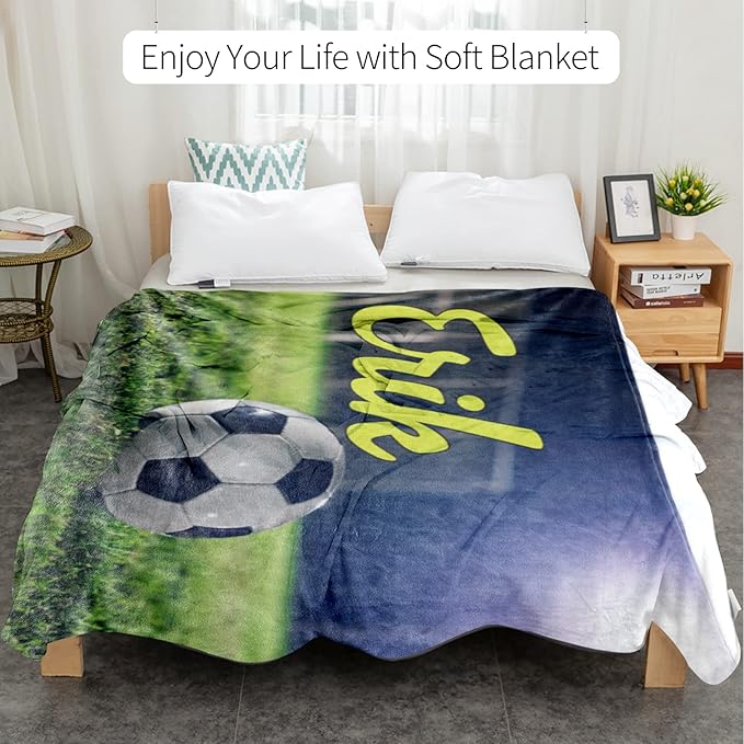 Personalized Baby Balll Soft Blanket: Custom Kids Soccer Design Blanket with Name and Number - Bedding Gifts for Infants Toddlers Adults 50x60inch