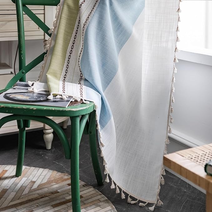 Deeprove Boho Linen Curtains 63 inch for Bedroom Living Room, Semi Blackout American Farmhouse Tassels Window Treatment Bohemian Embroidery Drape Rod Pocket 1 Panel 52" W x 63" L, Blue and Sage Green