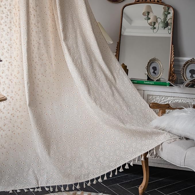 ENJOYBRIDAL Daisy Floral Curtains 96 Inch Length 4 Panels Tassel Long Drapes Rod Pocket Semi Sheer Boho Bedroom Window Curtain Panels Living Room Farmhouse Rustic Bohemian Window Treatment
