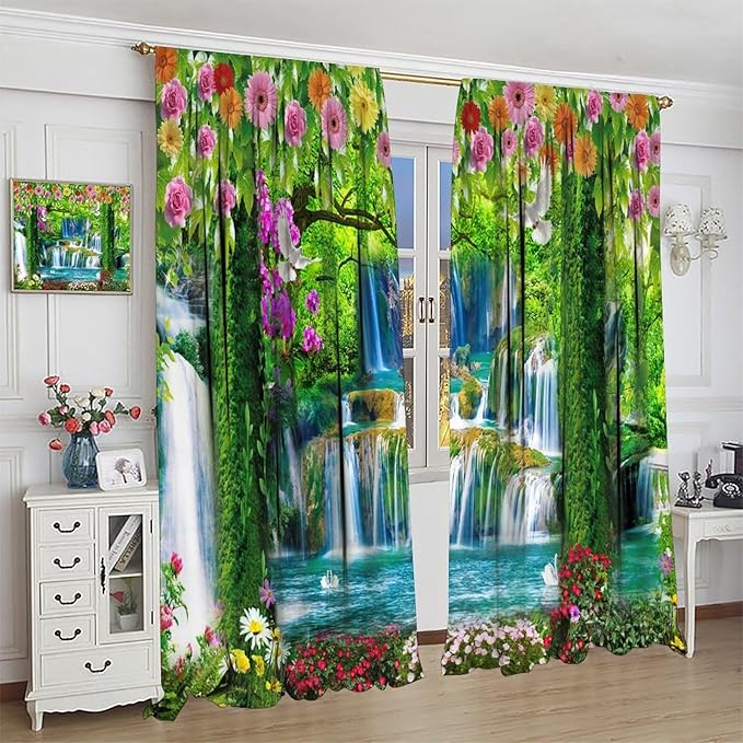 Jungle Nature Blackout Window Curtains, Trees Scenic Waterfall and River Spring Pattern Print Window Drapes, for Living Room Bedroom 42x54in 2 Panels