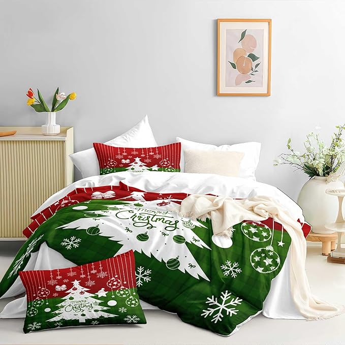 Red Christmas Duvet Cover King Size Green Christmas Tree Gingham Bedding Set Kids Boys Girls Checked Holiday Pattern Comforter Cover 3 Pieces with Zipper Closure (No Comforter)