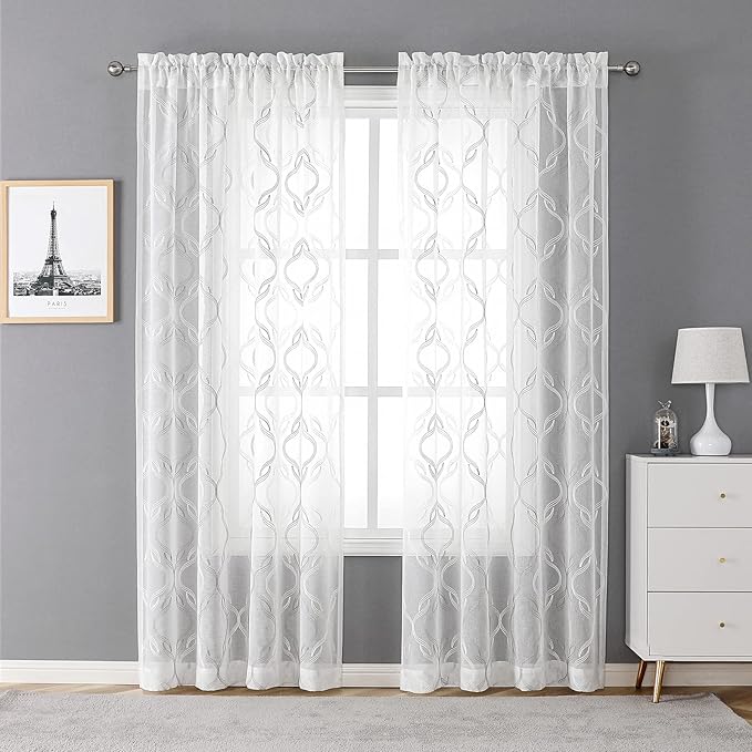 VISIONTEX Sheer Curtains 95 Inches Long 2 Panels Set, Grey and Ivory Moroccan Embroidery Texture Geometric Rod Pocket White Voile Tulle Semi Window Treatment Pair for Bedroom, W54 x L95