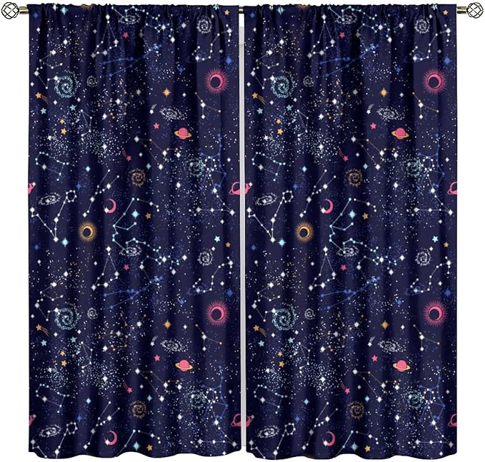 Kids Galaxy Curtains, Fantasy Stars Outer Space Universe Planets Print Window Treatments for Boys Girls Bedroom Nursery Playroom 63" W X 63" L