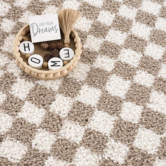 Hauteloom Kieu Contemporary Checkered Fluffy Shag Area Rug - Modern Geometric Soft Carpet Tiles for Living Room, Kids Room, Nursery - Gray, Taupe, White - 8'10" x 12'