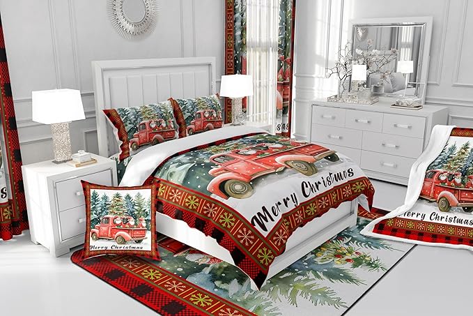 Merry Christmas Bedding Set Full Size,Retro Red Truck Christmas Tree Comforter Set for Kids Boys Girls Room Decor,Gnome Snowflake Xmas Duvet Insert 3Pcs,Black Red Plaid Quilt Set,2 Pillowcases