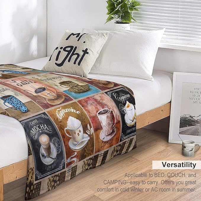 Coffee Blanket Gifts for Coffee Lovers Coffee Throw Blanket for Women Men Adults Soft Warm Cozy Fleece Blanket for Couch Sofa Bed D1 60"x80"