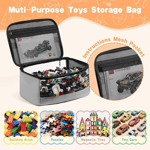 4 PCS Toy Storage Bags, Transparent PVC Toy Organizer Bag with Manual Pocket for Classic Building Bricks, Puzzles,Toy Cars, Large Size, Grey