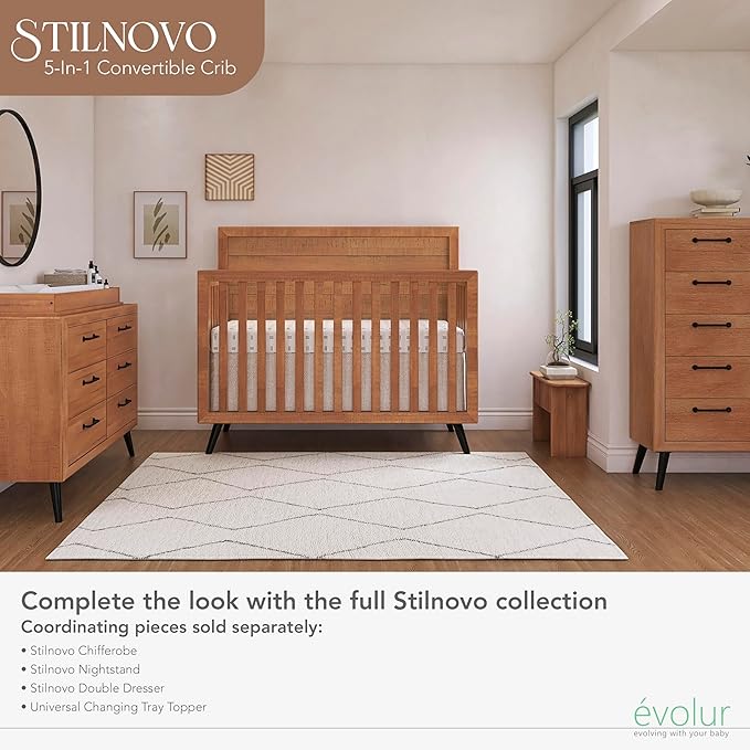 Evolur Stilnovo Mid Century 4-in-1 Convertible Crib in Sugarcane, Greenguard Gold Certified, 3 Mattress Height Settings, Modern Nursery, Wooden Furniture