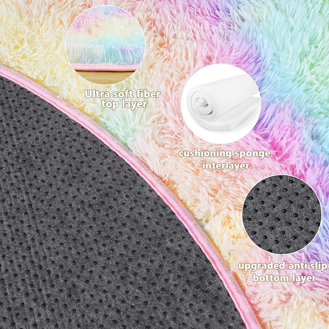 6‘x6’ Rainbow Round Rugs for Girls Bedroom, Ultra Soft Fluffy Circle Rug for Kids Room, Cute Shag Rugs for Living Room Playroom Tent Castle Home Decor Rug