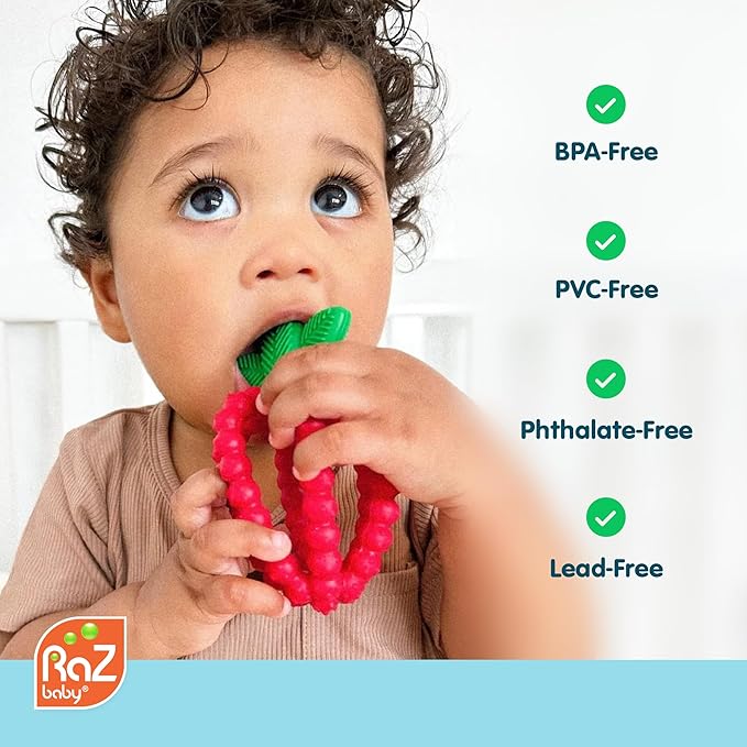 RaZbaby Bites Silicone Baby Teething Toy – Sensory Toy with Textured BerryBumps for Teething Relief, Easy-to-Hold Fruit Shape, BPA-Free, Soothes Front & Back Teeth – Gift for Babies, 3 Months+, Blue