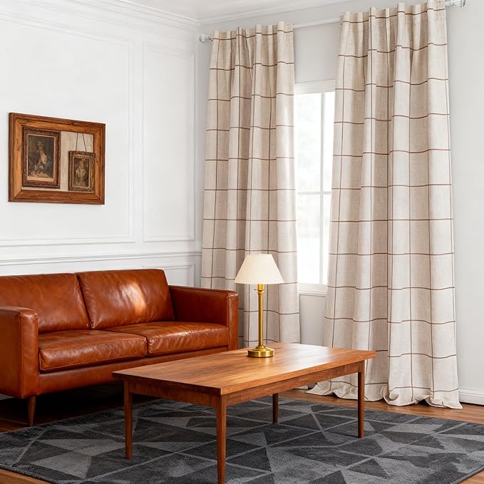 MYSKY HOME 100% Blackout Brown Plaid Linen Farmhouse Curtains 95 Inches Long for Dining Room Double Layer Thermal Insulated Striped Print Drapes with Rod Pocket Back Tab, 2 Panels, Wide 52 Inch