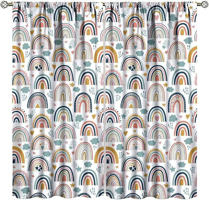 Kids Rainbow Curtains Boho Cartoon Colorful Stars Love Heart Lovely Abstract Art Pattern Print Window Drapes for Girl Bedroom Living Room Kitchen Decor,2 Panel Set,42Wx45H Inch Decor