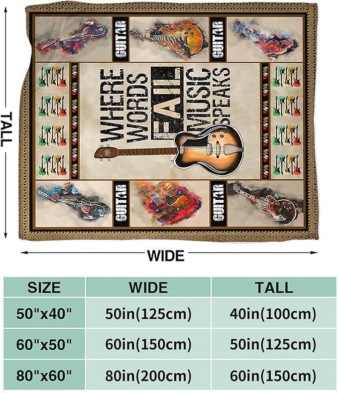 Tijuboni Guitar Music Throw Blanket Guitar Gifts for Girls Boys Women Men Kids Adults Soft Flannel Fleece Blanket for Couch Sofa Bed Home Decor 50"x60"