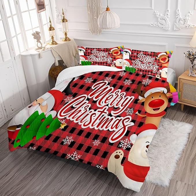 Christmas Comforter Set Queen Size Black and Red Plaid Bedding Sets Xmas Gift Christmas Themed Festival Winter Quilt Set,1 Comforter + 2 Pillow Cases