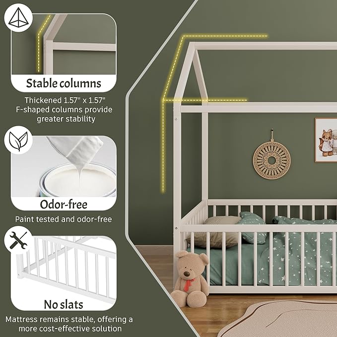 Twin Size Metal Floor Bed Frame,House Shaped Bed with Fence for Kids and Toddlers,Easy Assemble, No Slats,White
