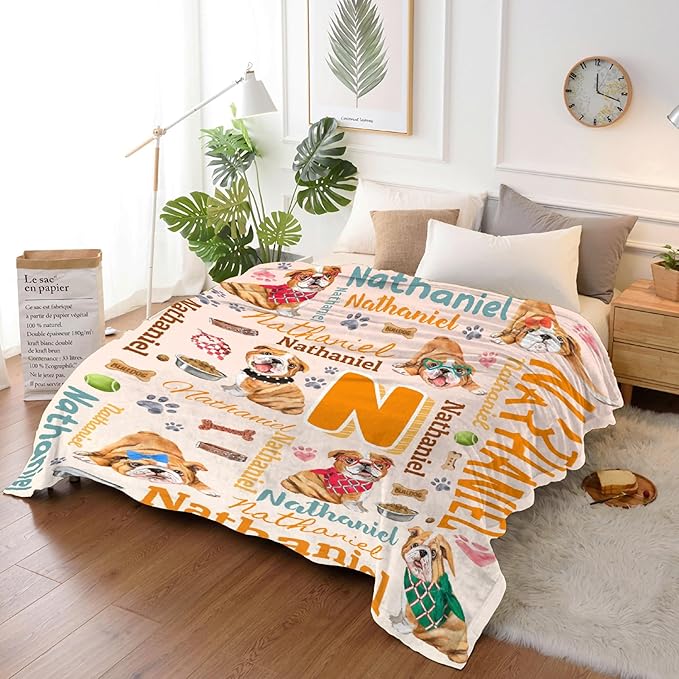Personalized Custom Bulldog Blanket Gifts for Kids Boys Girls with Name - Customized Bulldog Super Soft Lightweight Flannel Sheets Decor for Crib Nap Couch - 90"x120" for Whole Family