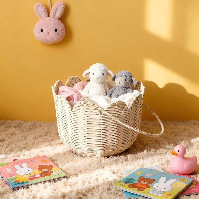Scalloped Edge Round Basket with Handle, Super Sturdy Wicker Storage Baskets, Hand Woven Basket for Shelves,Natural Baskets for Organizing (White Rattan, 10.2"*10.2"*7.3")
