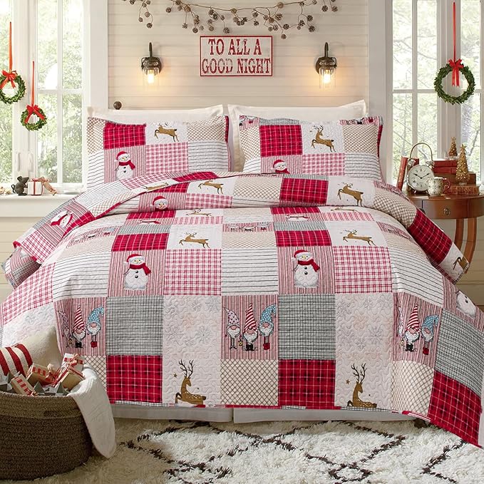 Jessy Home Christmas Bedding Set King Christmas Quilt Bedspread Pink Gnome Santa Claus Plaid Patchwork Xmas Quilt Bedding Decor Winter Snowman Elk Lightweight Reversible Bedspread Coverlet