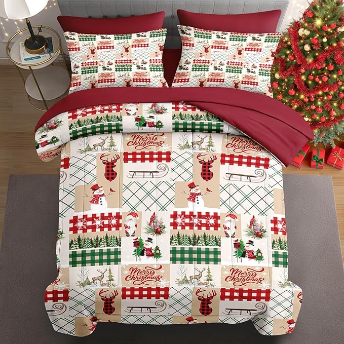 7 Pcs Full Size Christmas Comforter Set with 2 Pillowcases & 2 Shams, Winter Xmas Plaid Bedding for Kids and Adults, Cute Snowman Reindeer Bed in a Bag with Flat Fitted Sheet