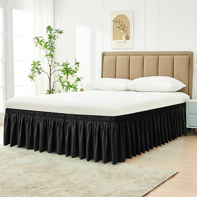Biscaynebay Wrap Around Bed Skirts for King & Cal King Beds 15" Drop, Black Adjustable Elastic Dust Ruffles Easy Fit Wrinkle & Fade Resistant Silky Luxurious Fabric Machine Washable