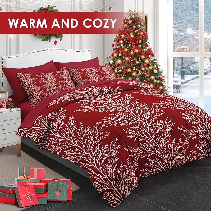 7 Pcs King Size Christmas Comforter Set with 2 Pillowcases & 2 Shams, Red Botanical Bedding for Kids and Adults, Winter Tree Branch Bed in a Bag with Flat Fitted Sheet