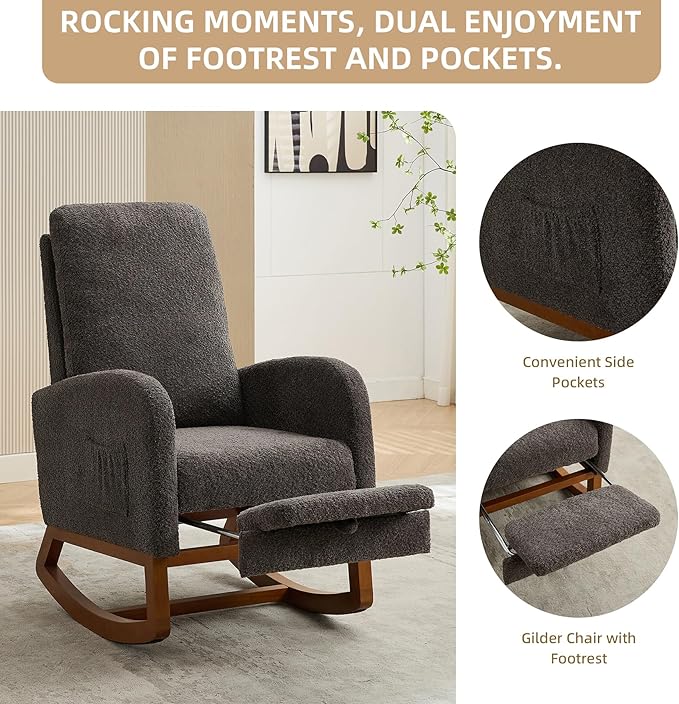 Dolonm Rocking Chair Nursery,Glider Rocking Chair with Footrest High Backrest Glider Rocker for Baby Room Boucle Accent Chair for Living Room Mid Century Modern Arm Chair for Bedroom,Charcoal